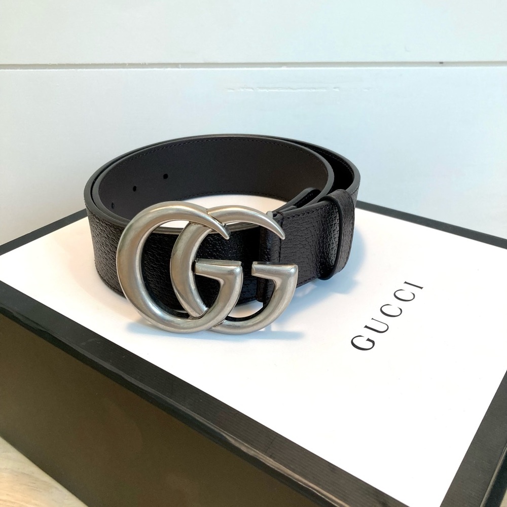 GUCCI Leather Belt with Double G Buckle - Black and Silver